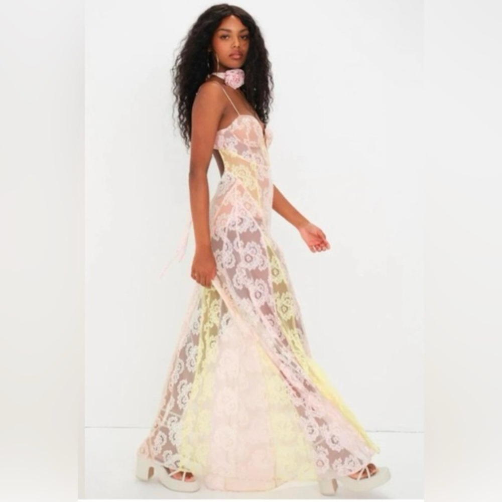For Love & Lemons Blossom Sorbet Bodysuit Lace Maxi Dress NWT - Picture 3 of 7